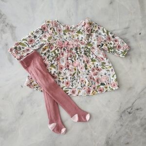 Mud Pie Floral Baby Dress with Pink Tights